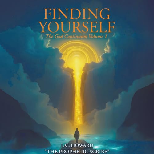 Cover of Finding Yourself: The God Continuum, Volume 1 by J.C. Howard, showing a radiant golden passage opening through deep blue clouds.