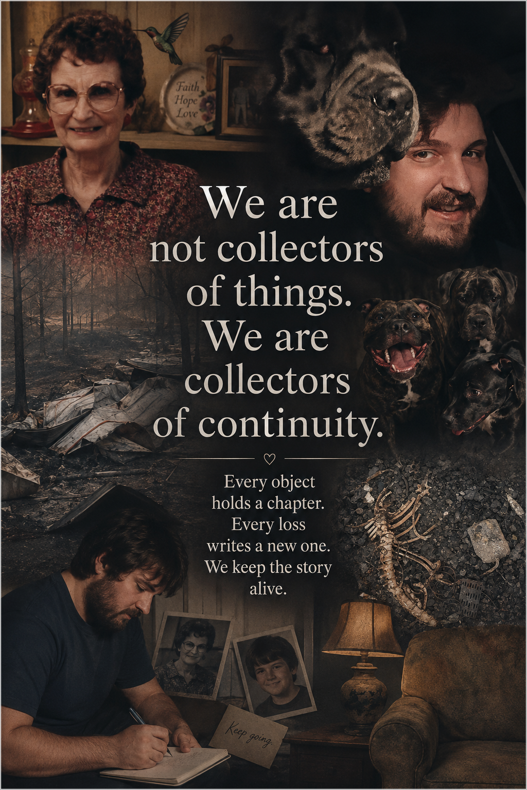 Vertical personal collage in black, cream, and gold. It combines a vintage portrait of a grandmother, childhood and adult photographs of J.C. Howard, a black dog, three small dogs, a burned house and rubble, skeletal remains, an armchair and lamp, and a handwritten note reading ‘Keep going.’ Across the center appears the quotation, ‘We are not collectors of things. We are collectors of continuity. Every object holds a chapter. Every loss writes a new one. We keep the story alive. —J.C. Howard—’