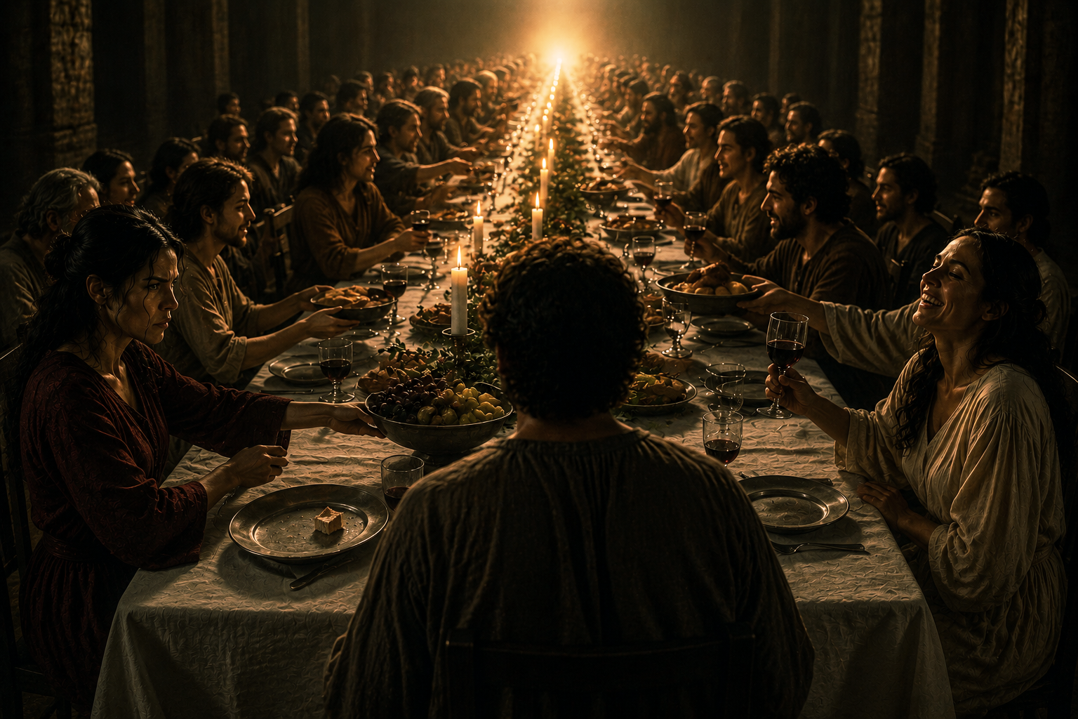 An immense banquet table ending with a man seated between a tense woman reaching across the table and another woman who laughs.