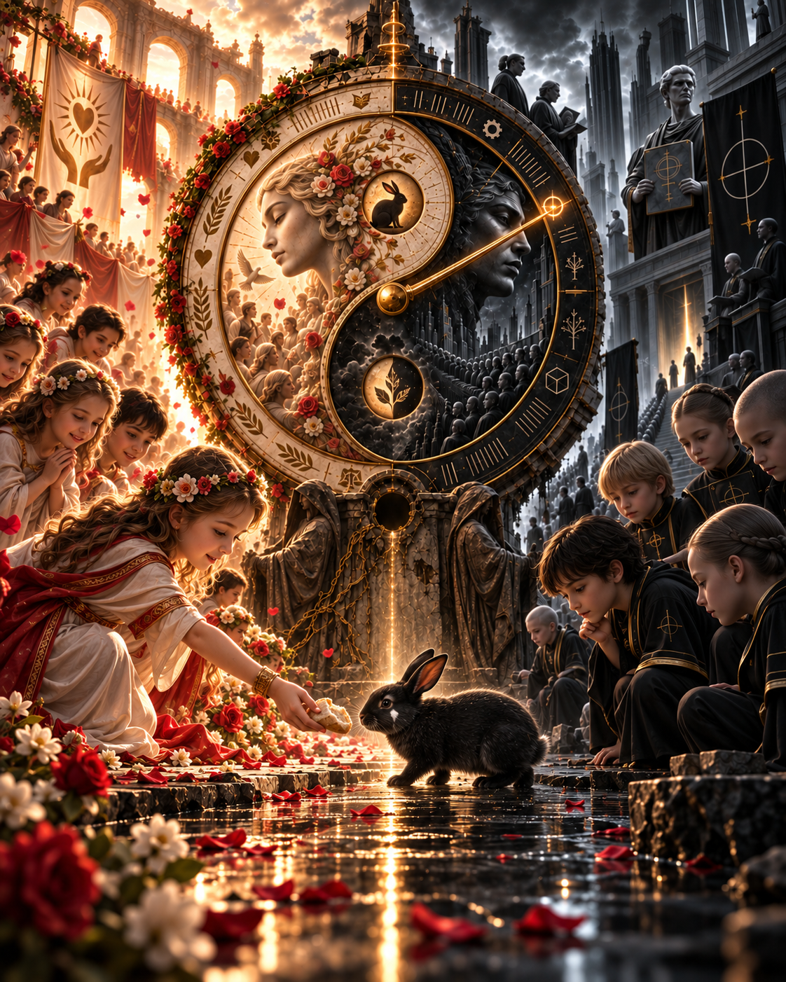 Children approach the Black Rabbit on the border beneath the Scale.