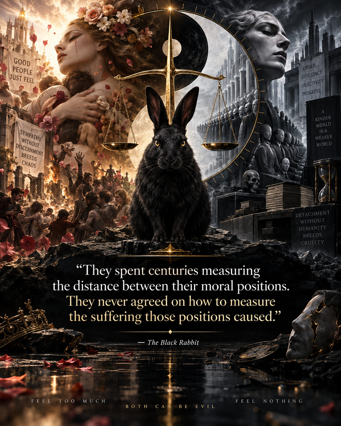 A black rabbit beneath a Yin Yang-shaped Scale between two rival civilizations, with a quotation by J.C. Howard.