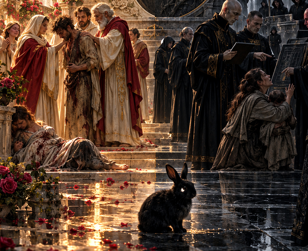 A black rabbit in the foreground while the two civilizations pass judgment behind it.