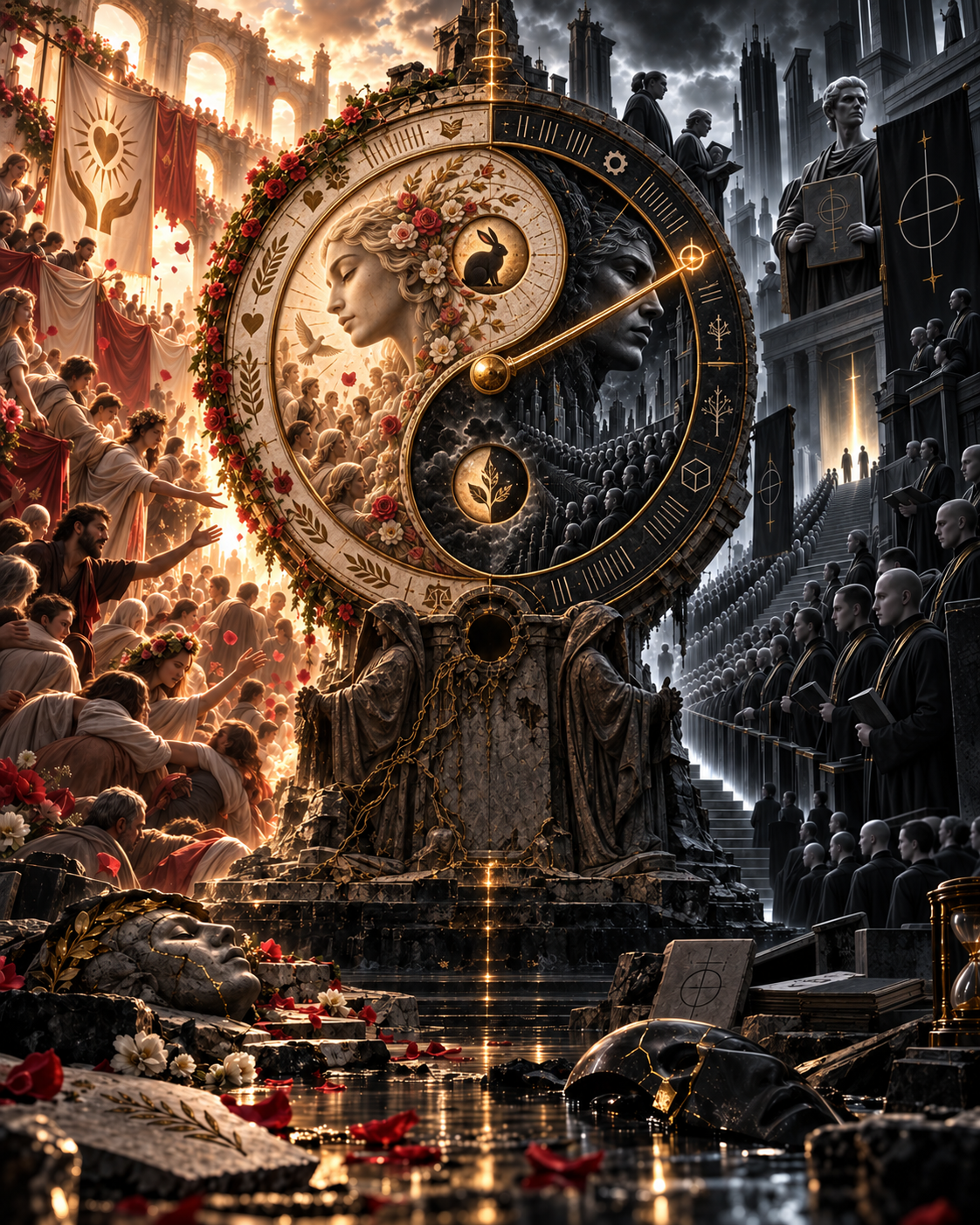 An ornate Yin Yang-shaped Scale with a golden needle between warm and dark city streets.