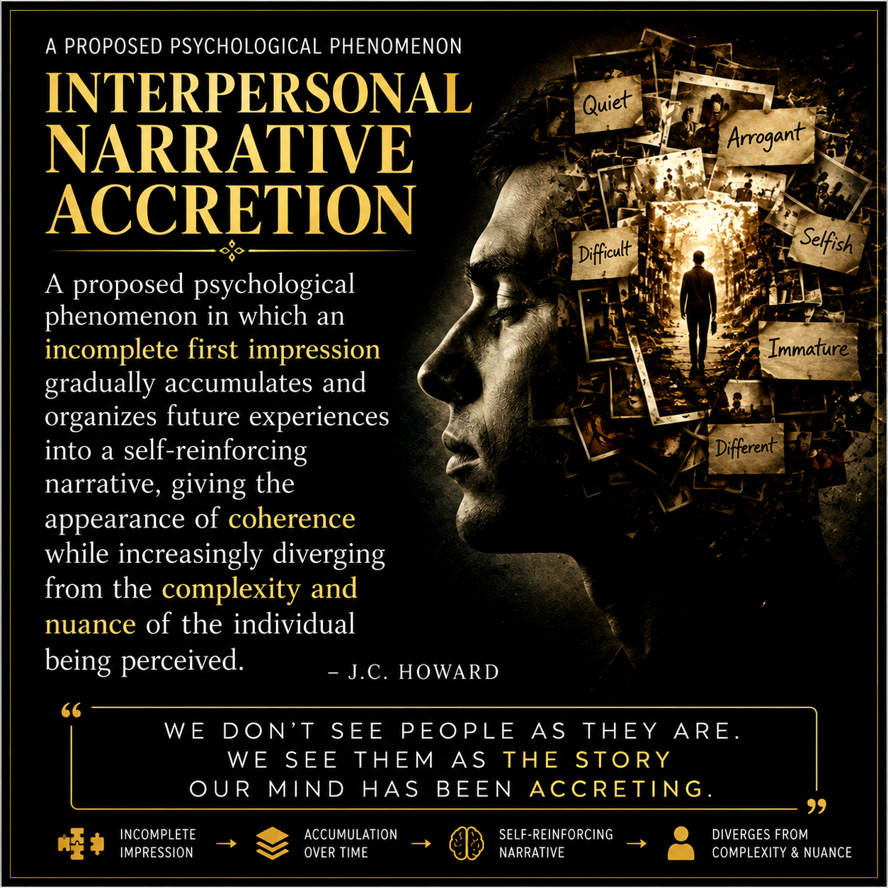 Interpersonal Narrative Accretion: partial impressions and later experiences accumulate into a self-reinforcing story about a person, obscuring their complexity.
